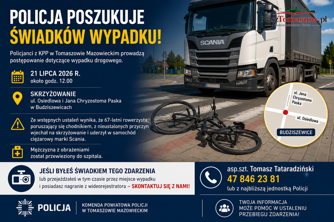 Policja poszukuje świadków wypadku w Budziszewicach. Rowerzysta trafił do szpitala Policja poszukuje świadków wypadku w Budziszewicach. Rowerzysta trafił do szpitala