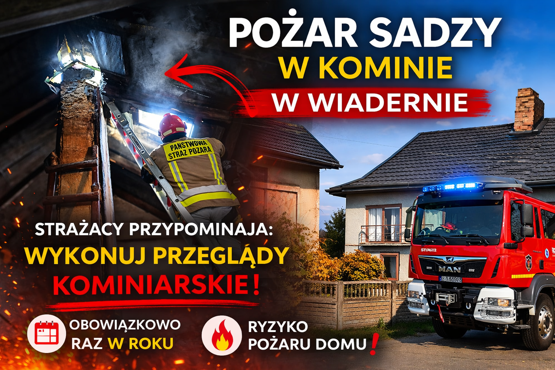 Pożar sadzy w kominie w Wiadernie. Strażacy przypominają o przeglądach
