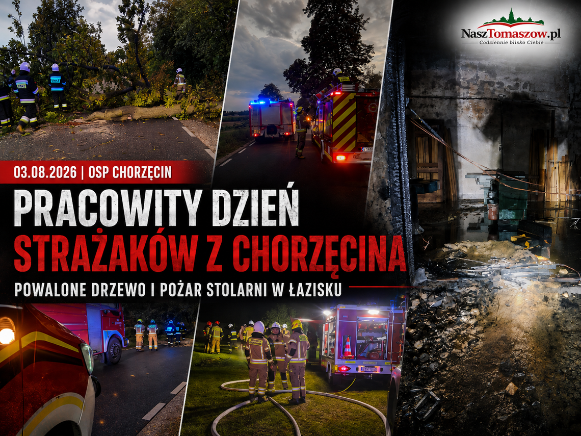 Pracowity dzień strażaków z Chorzęcina. Powalone drzewo i pożar stolarni w Łazisku Pracowity dzień strażaków z Chorzęcina. Powalone drzewo i pożar stolarni w Łazisku
