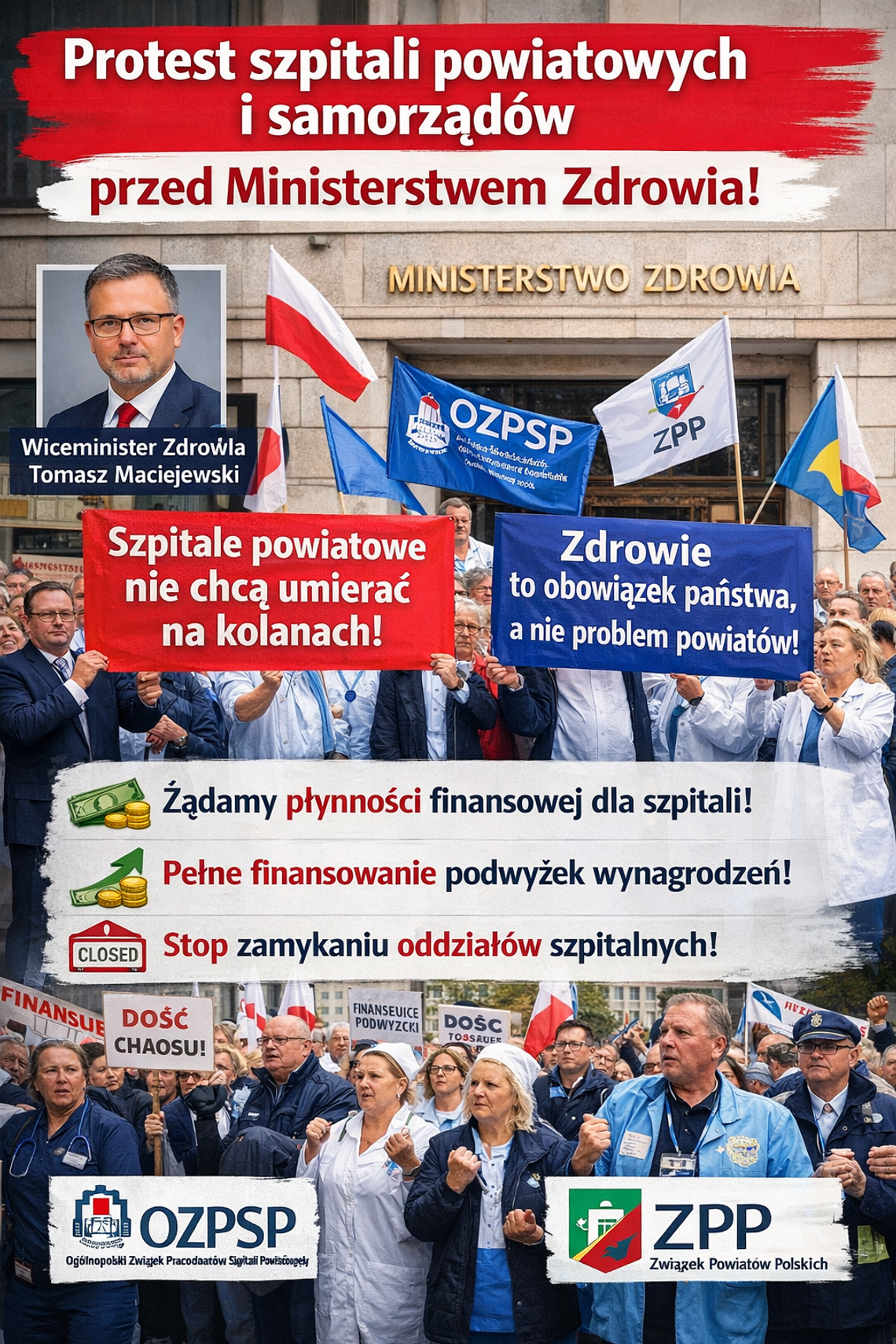 Przedstawiciele szpitali powiatowych i samorządów protestowali przed Ministerstwem Zdrowia Przedstawiciele szpitali powiatowych i samorządów protestowali przed Ministerstwem Zdrowia