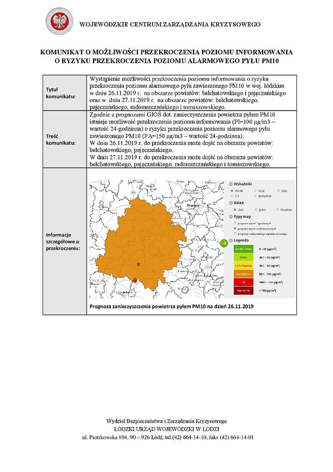 Przekroczenie poziomu alarmowego pyłu PM10