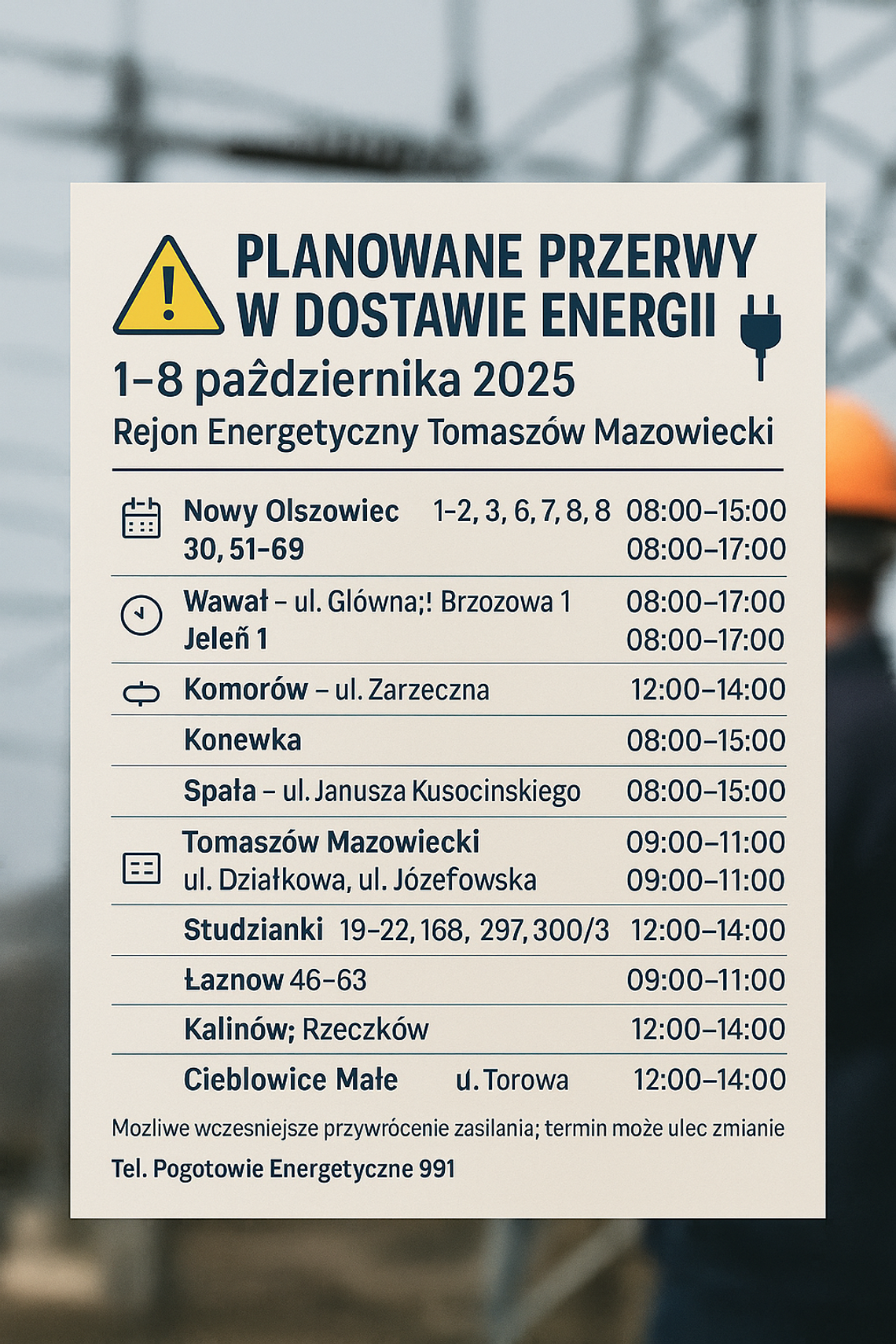 Rejon Energetyczny Tomaszów Mazowiecki – planowane przerwy w dostawie energii (1–8 października 2025 r.)