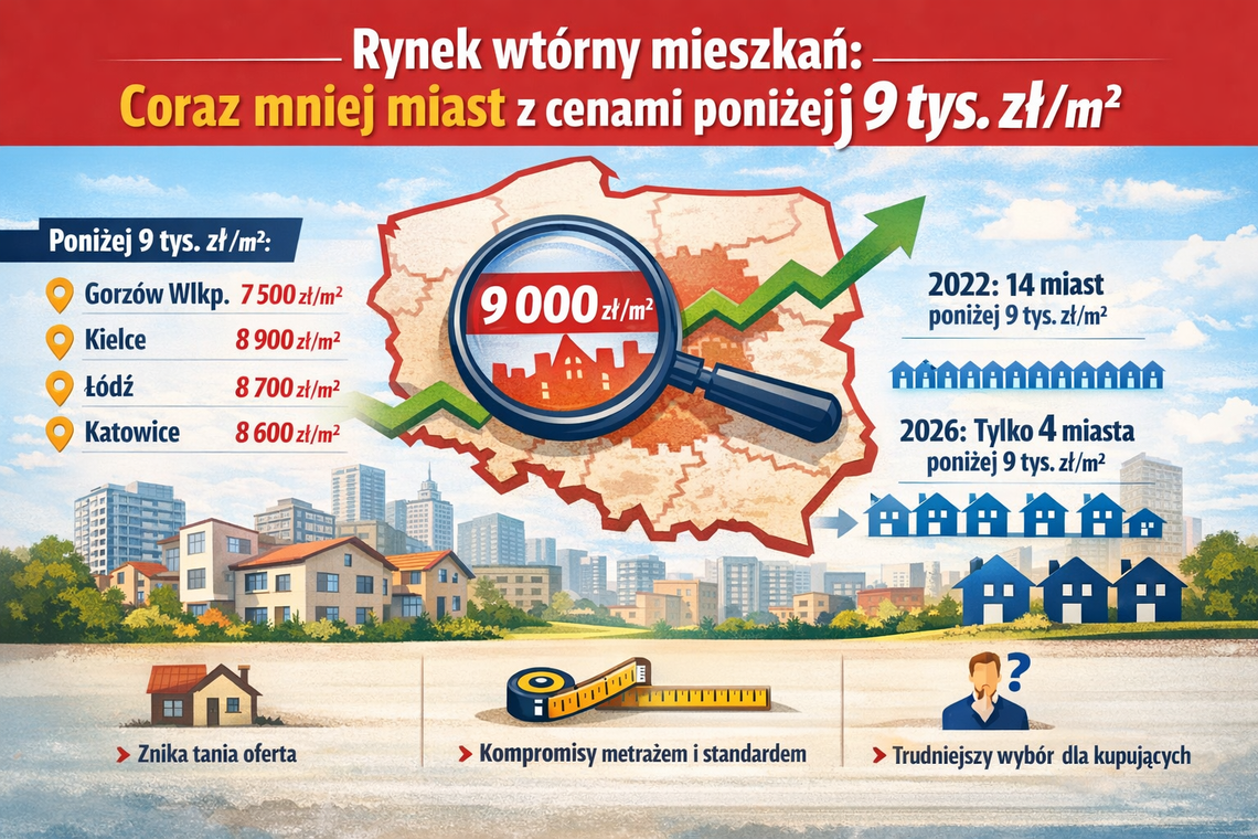 Rynek wtórny mieszkań – coraz mniej miast z cenami poniżej 9 tys. zł Rynek wtórny mieszkań – coraz mniej miast z cenami poniżej 9 tys. zł