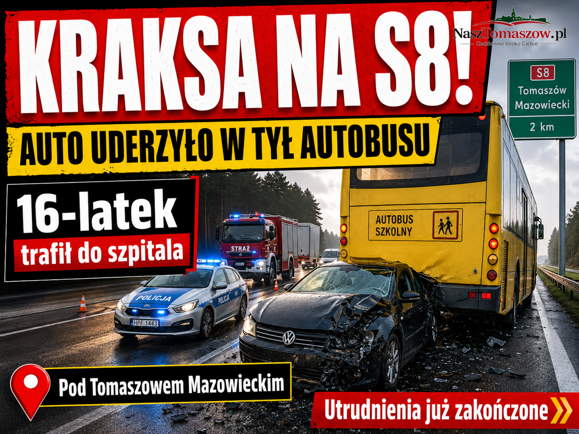 S8 pod Tomaszowem odblokowana. Volkswagen uderzył w tył autobusu szkolnego S8 pod Tomaszowem odblokowana. Volkswagen uderzył w tył autobusu szkolnego