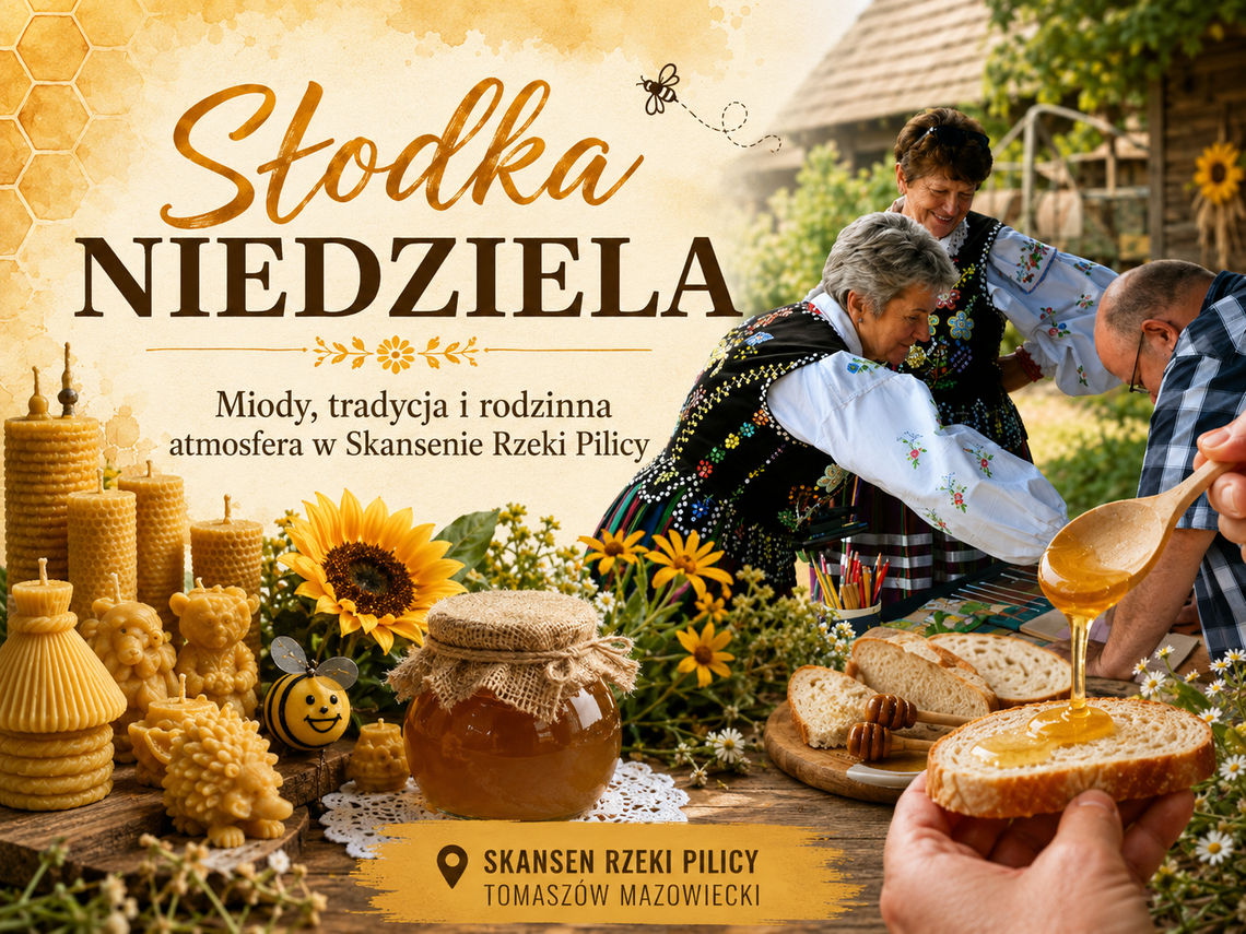 Słodka Niedziela w Skansenie Rzeki Pilicy. Miody, tradycja i rodzinny klimat nad wodą Słodka Niedziela w Skansenie Rzeki Pilicy. Miody, tradycja i rodzinny klimat nad wodą