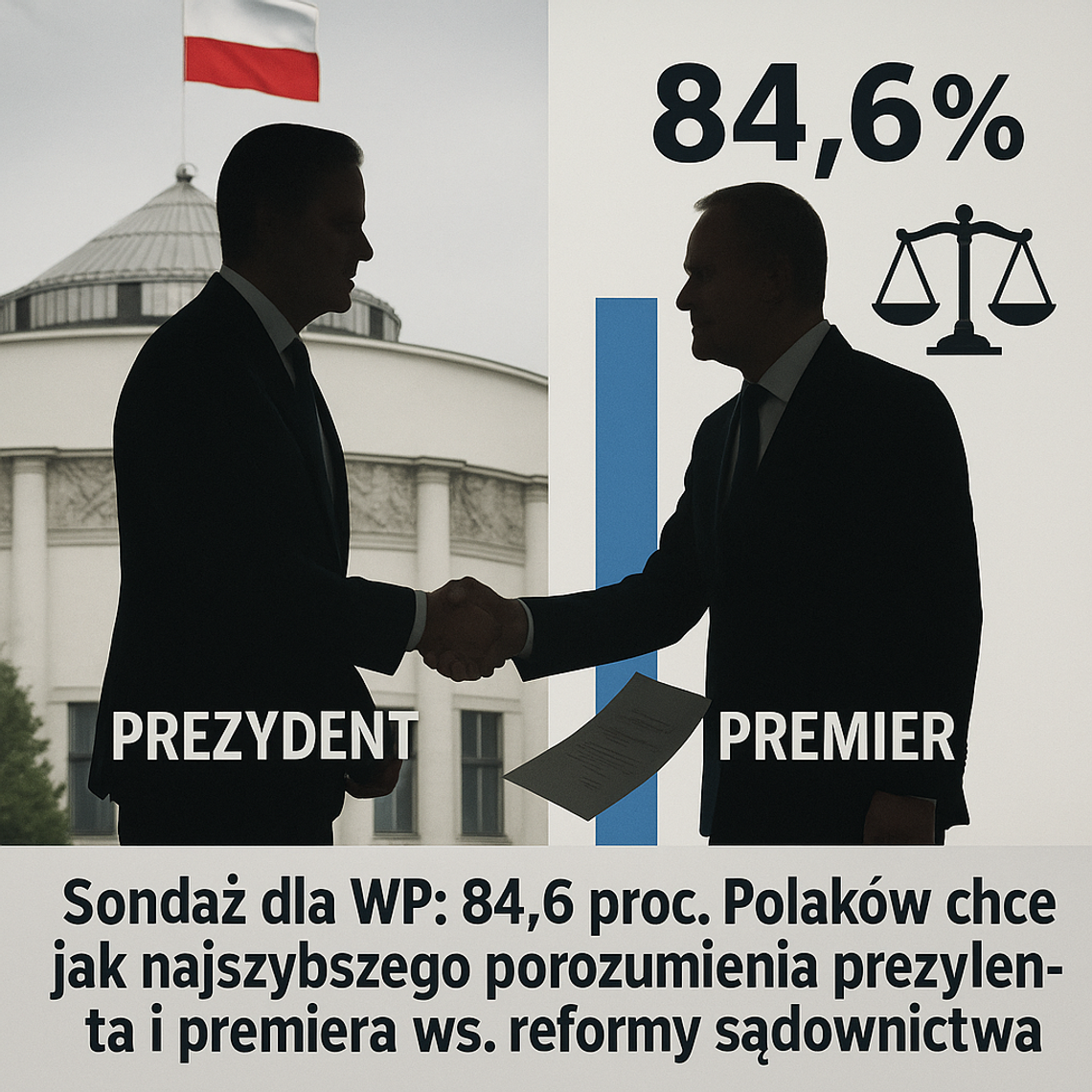 Sondaż dla WP: 84,6 proc. Polaków chce jak najszybszego porozumienia prezydenta i premiera ws. reformy sądownictwa Sondaż dla WP: 84,6 proc. Polaków chce jak najszybszego porozumienia prezydenta i premiera ws. reformy sądownictwa