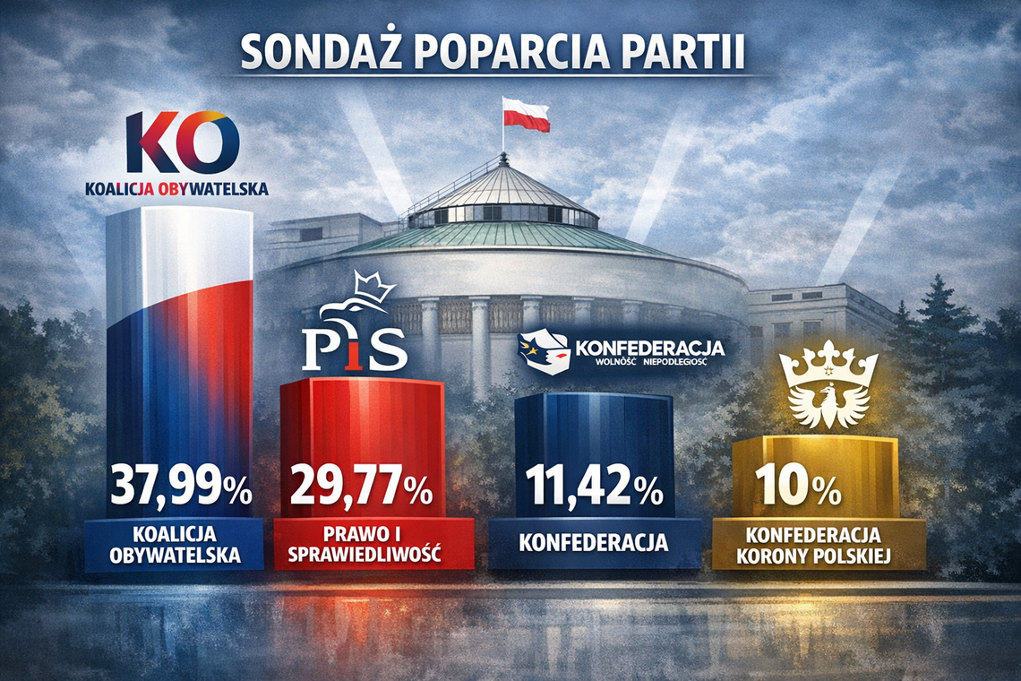 Sondaż: KO – 37,99 proc.; PiS – 29,77 proc.; Konfederacja – 11,42 proc. Sondaż: KO – 37,99 proc.; PiS – 29,77 proc.; Konfederacja – 11,42 proc.