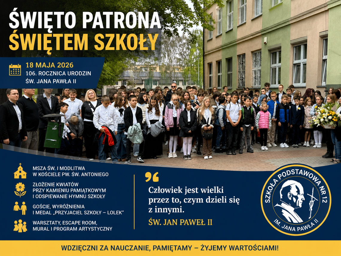 Święto Patrona w SP nr 12. Szkoła uczciła 106. rocznicę urodzin Jana Pawła II Święto Patrona w SP nr 12. Szkoła uczciła 106. rocznicę urodzin Jana Pawła II