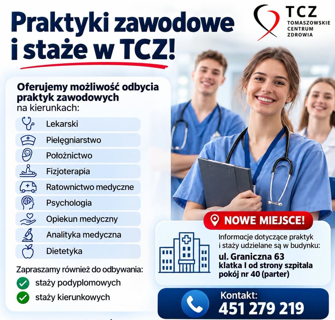 Tomaszowskie Centrum Zdrowia zaprasza na praktyki i staże w nowej lokalizacji Tomaszowskie Centrum Zdrowia zaprasza na praktyki i staże w nowej lokalizacji