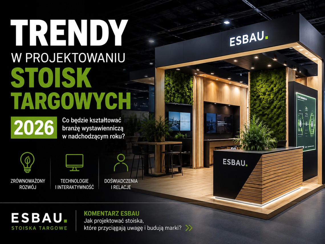 Trendy w projektowaniu stoisk targowych 2026 – komentarz ESBAU Trendy w projektowaniu stoisk targowych 2026 – komentarz ESBAU
