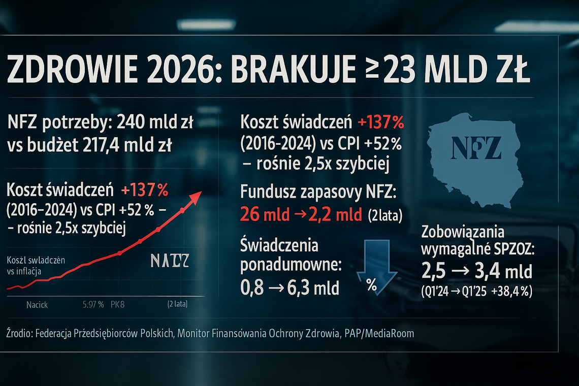 W budżecie państwa na zdrowie brakuje co najmniej 23 mld zł w 2026 r.