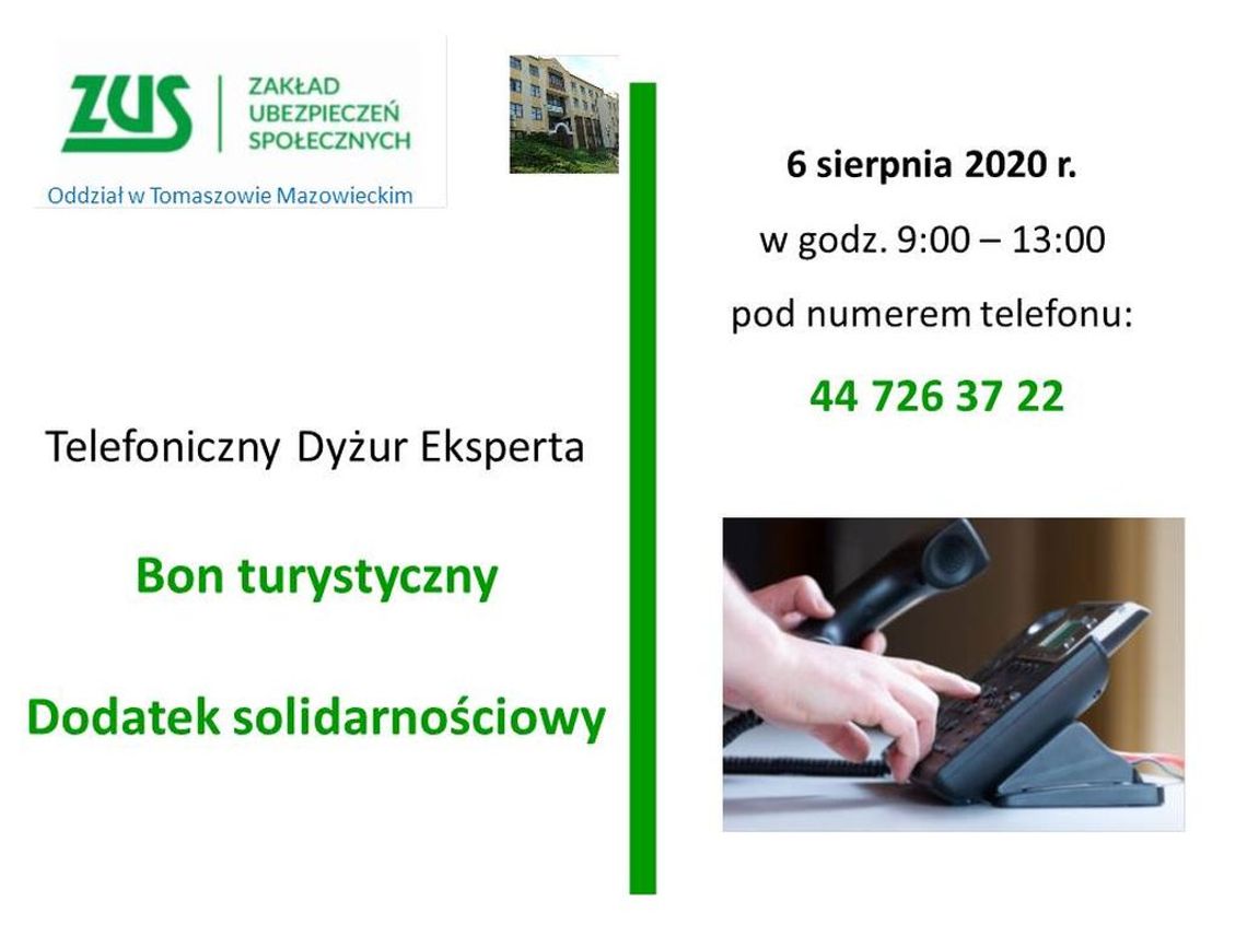 W czwartek, 6 sierpnia 2020, telefoniczny dyżur ekspertów ZUS, dotyczący Bonu Turystycznego i Dodatku Solidarnościowego