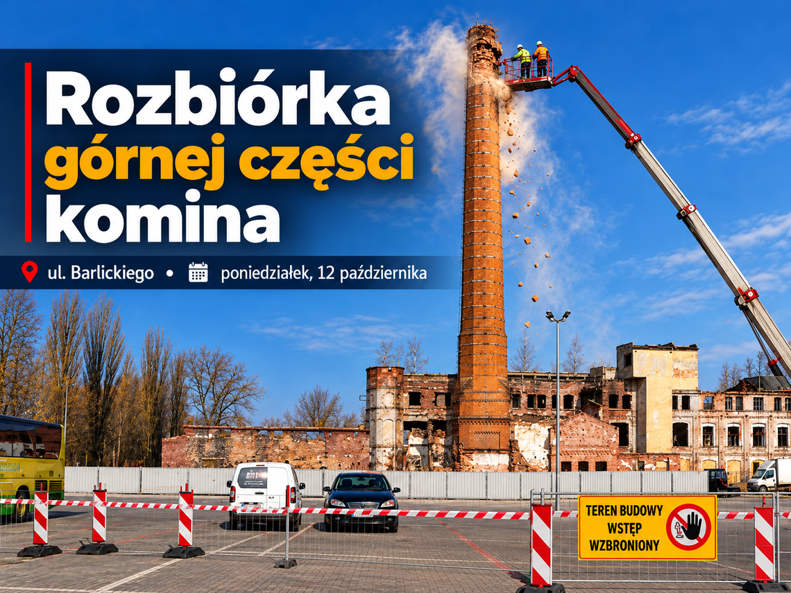 W poniedziałek rozbiorą górną część komina dawnej Fabryki Piescha. Część parkingu zostanie zamknięta