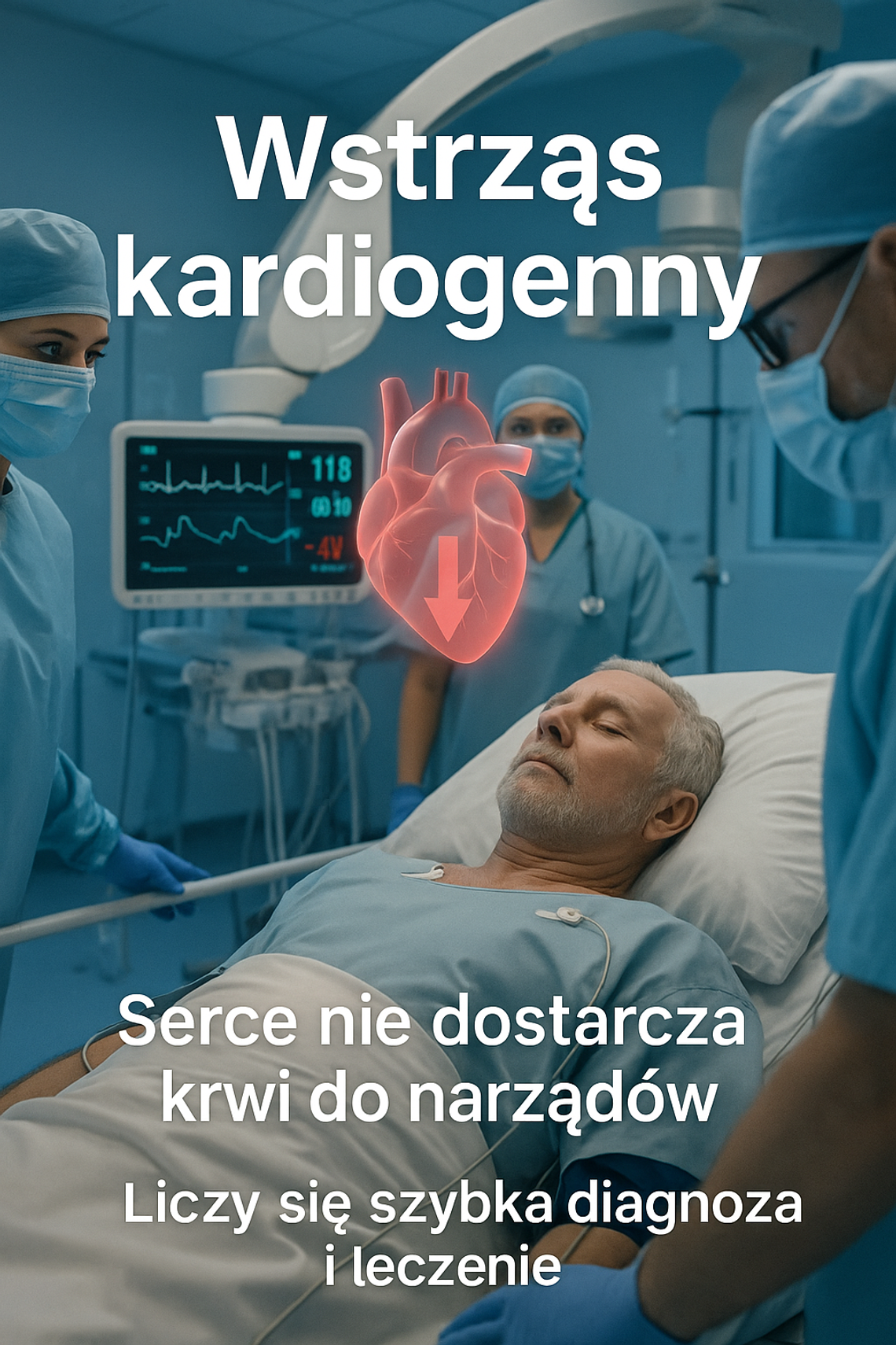 Realistyczna ilustracja SOR/kardiologii: pacjent z cechami wstrząsu kardiogennego, monitory EKG/ciśnienia, zespół medyczny.