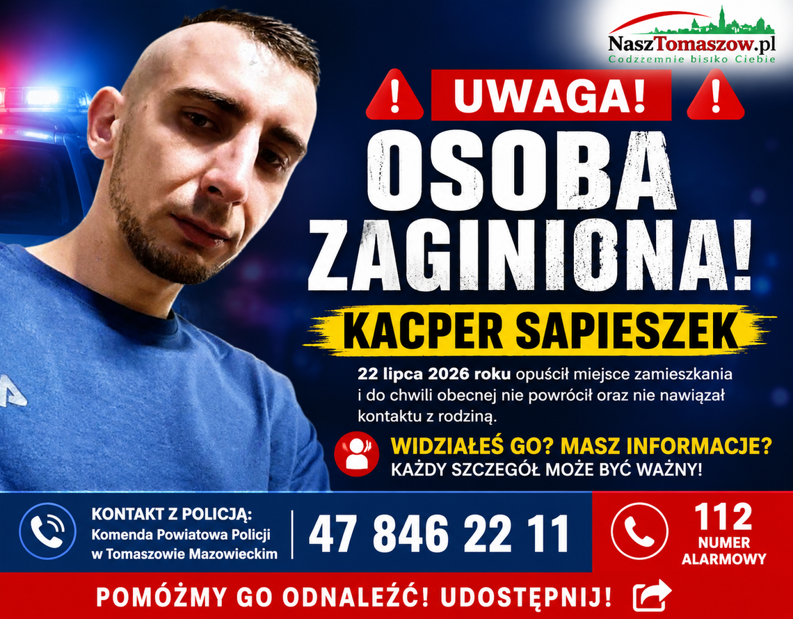 Zaginął Kacper Sapieszek. Policja i rodzina proszą o pomoc Zaginął Kacper Sapieszek. Policja i rodzina proszą o pomoc