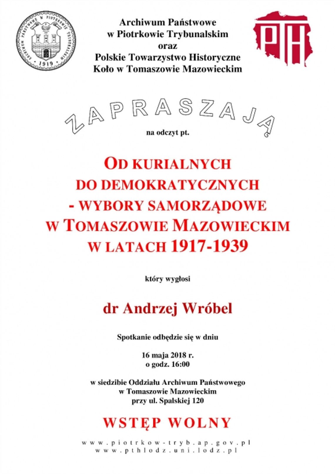 Zaproszenie do Archiwum Państwowego na wykład "Wybory samorządowe w Tomaszowie Mazowieckim w latach 1917-1929