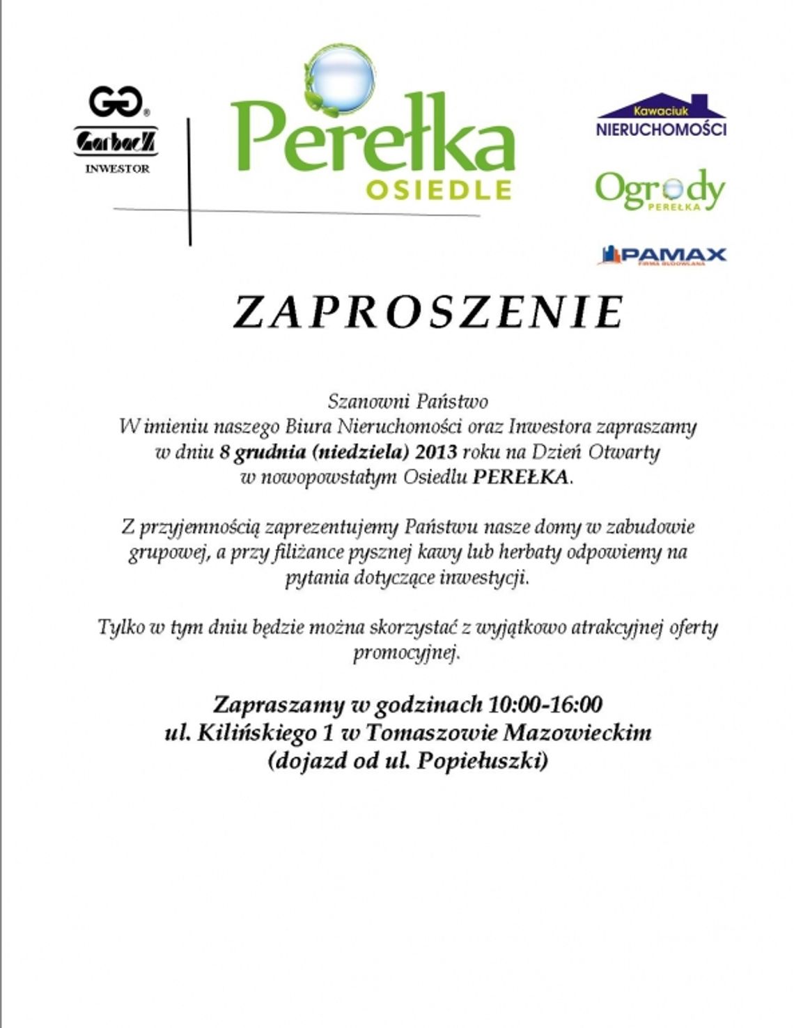 ZAPROSZENIE NA DZIEŃ OTWARTY OSIEDLA PEREŁKA