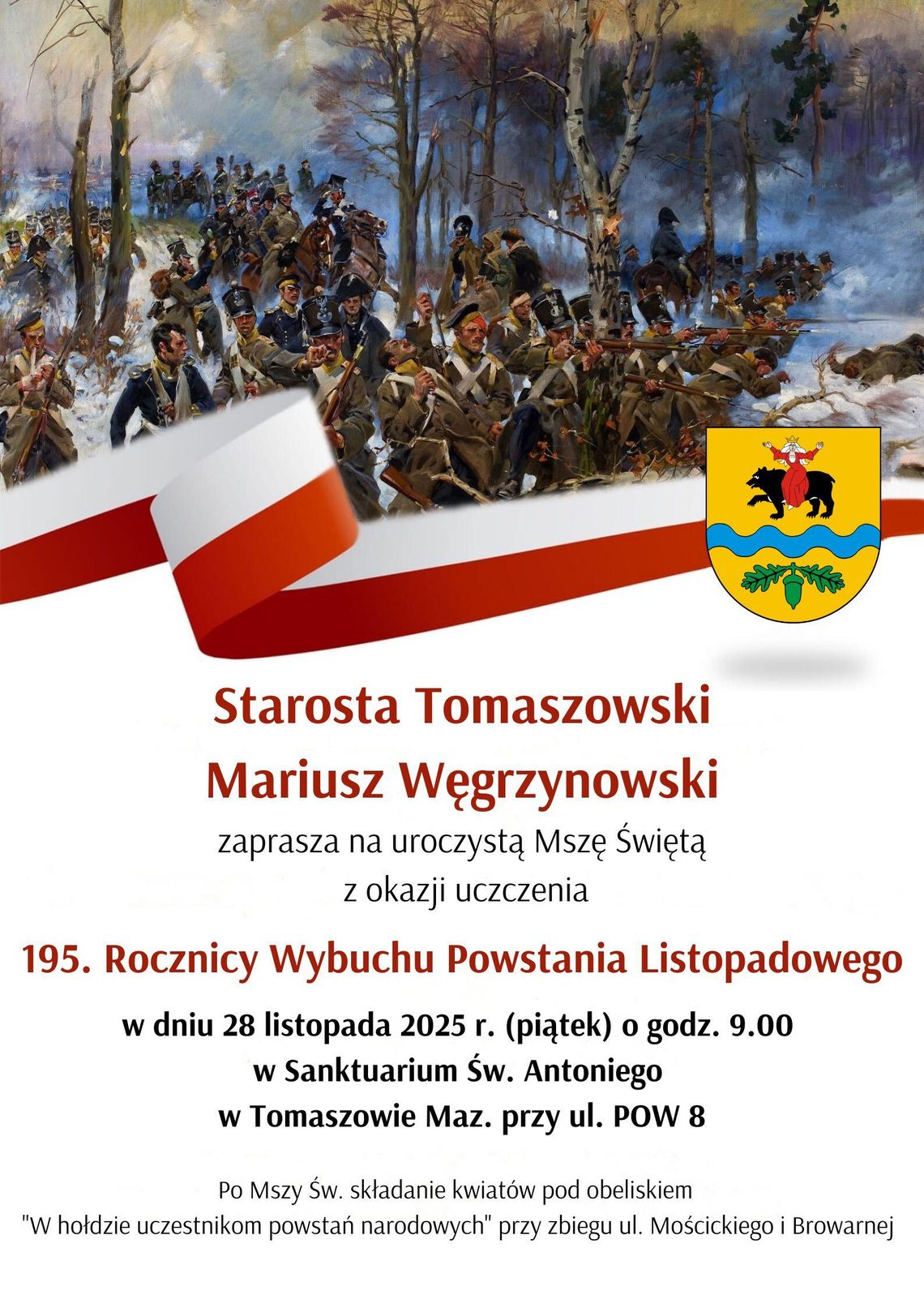 Zaproszenie na obchody 195. rocznicy wybuchu powstania listopadowego