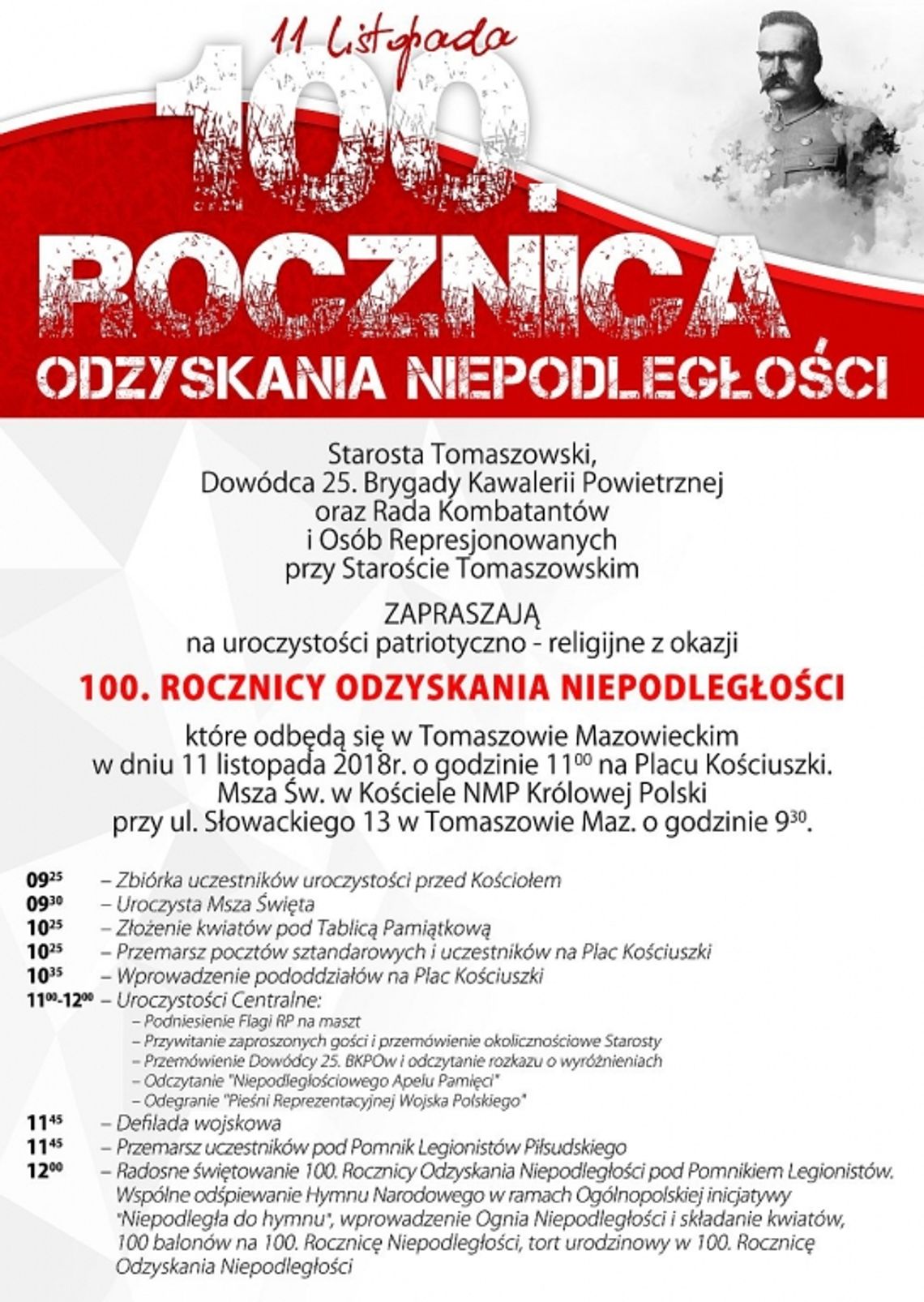 Zaproszenie na obchody setnej rocznicy odzyskania przez Polskę niepodległości