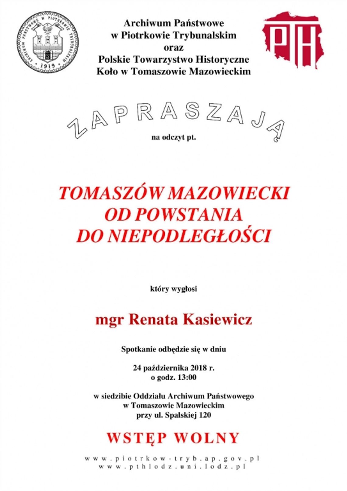 Zaproszenie na odczyt "Tomaszów Mazowiecki od powstania do niepodległości"