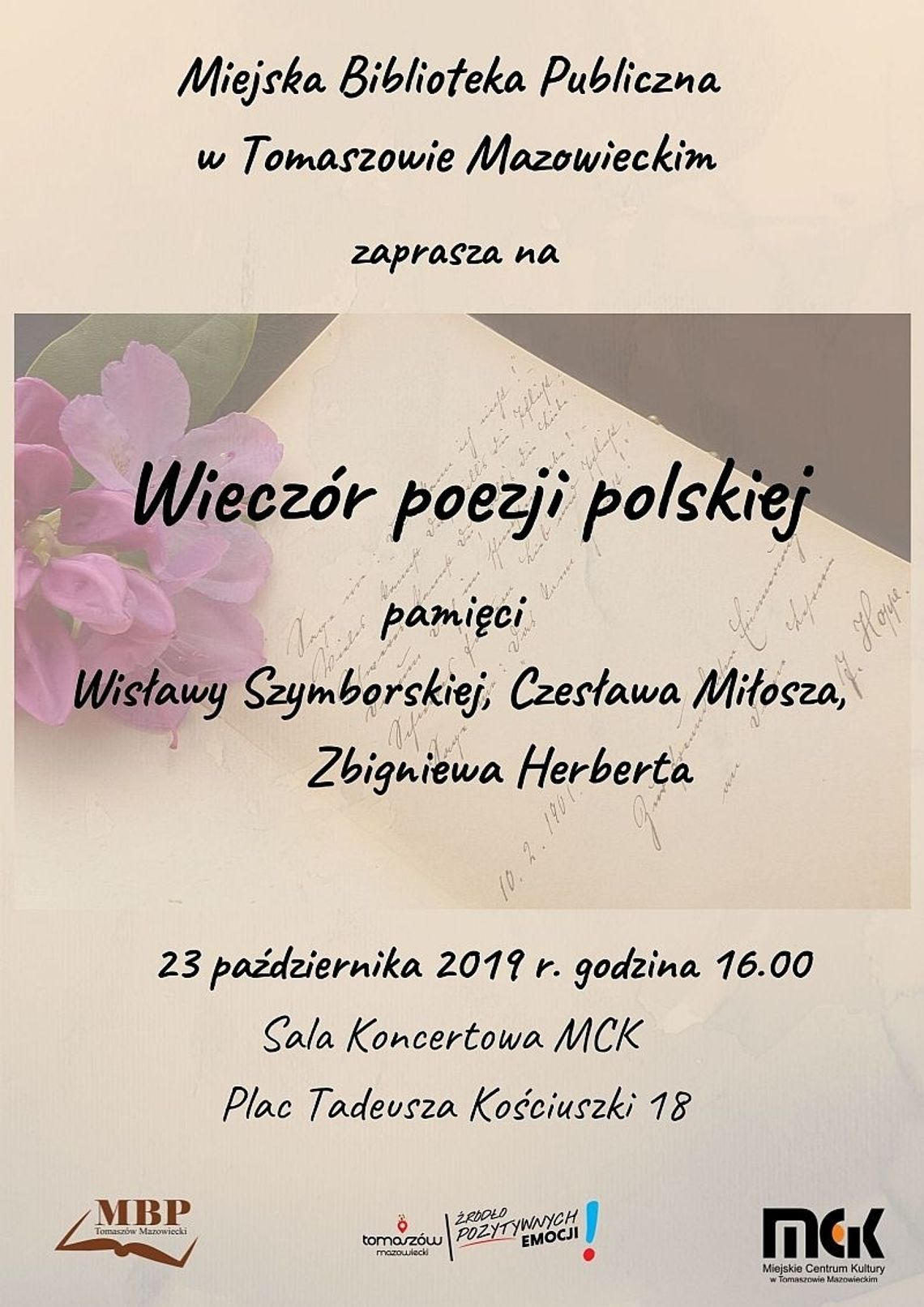 Zaproszenie na wieczór z poezją W. Szymborskiej, Cz. Miłosza i Z. Herberta