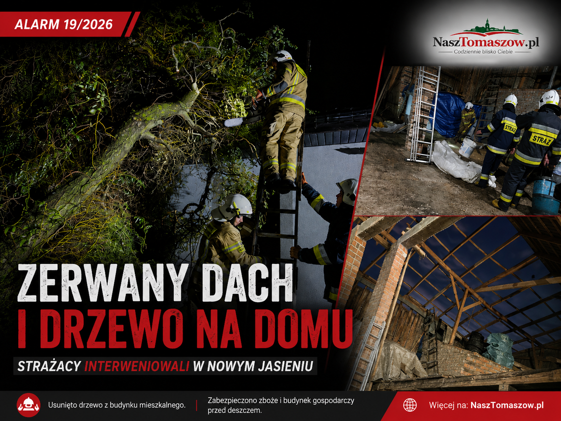 Zerwany dach i drzewo na domu w Nowym Jasieniu. Strażacy zabezpieczali budynki i zboże Zerwany dach i drzewo na domu w Nowym Jasieniu. Strażacy zabezpieczali budynki i zboże