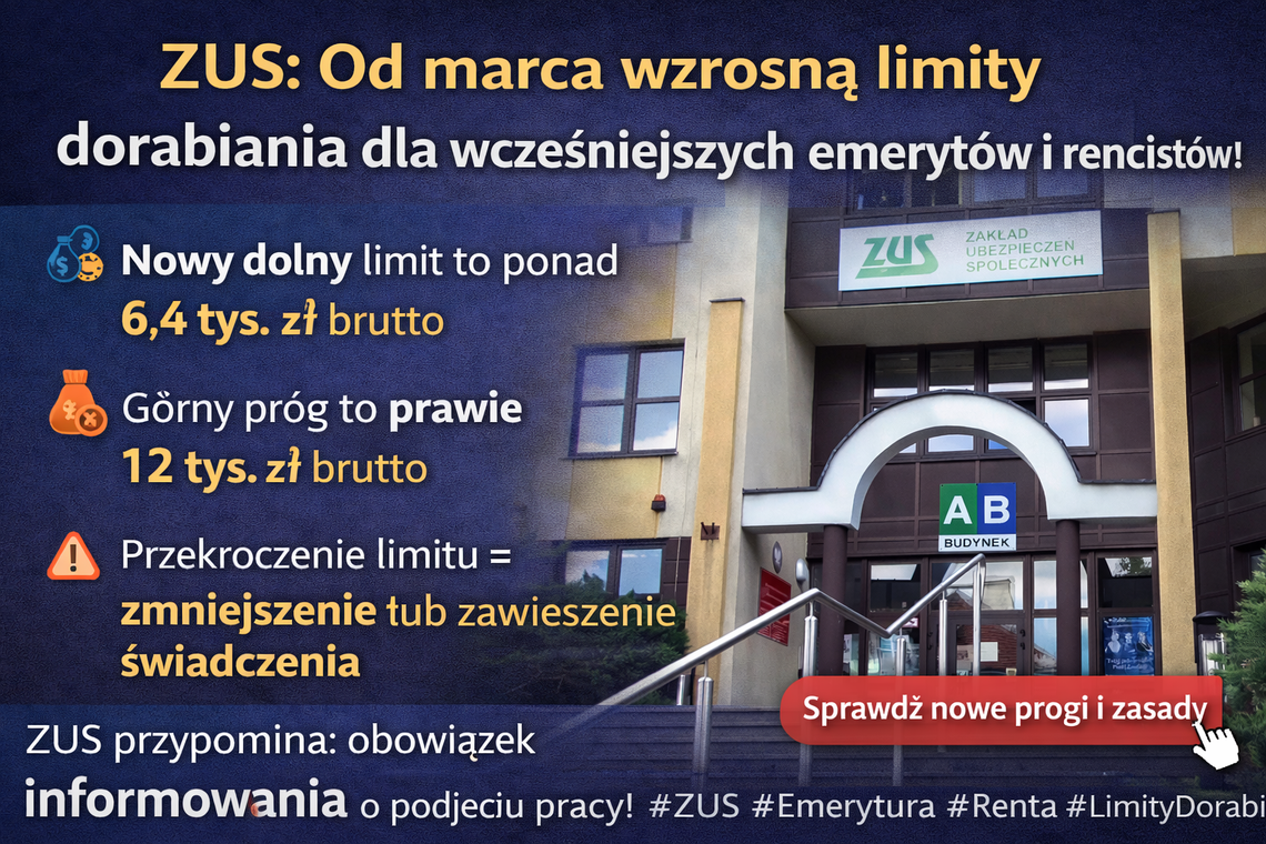 ZUS: od marca wzrosną limity dorabiania dla wcześniejszych emerytów i rencistów