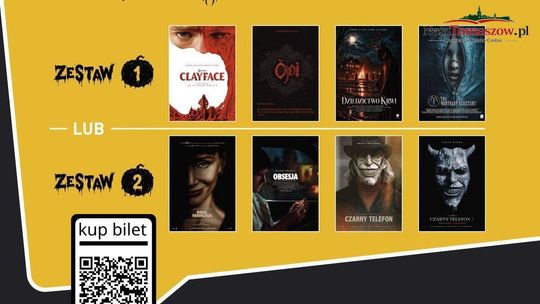 Plakat Maratonu Halloween w kinie Helios z dwoma zestawami horrorów i datą 30 i 31 października, godz. 23:00