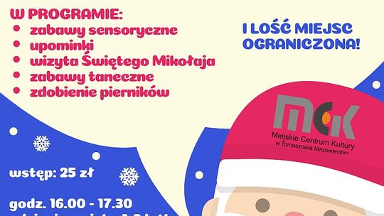 „Sensoryczne Mikołajki w filii DOK” - w programie: zabawy sensoryczne,  wizyta Świętego Mikołaja i upominki, zabawy taneczne, zdobienie pierników  - dla dzieci w wieku 1-3 lata