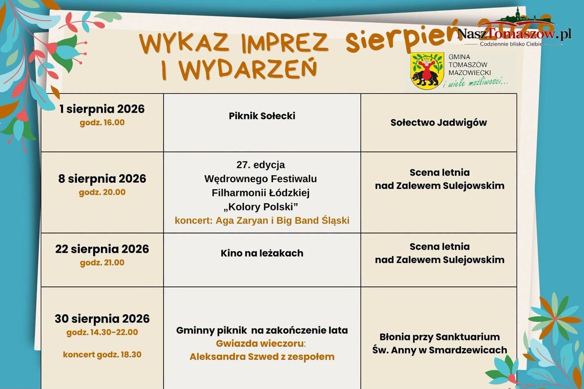 27. edycja Wędrownego Festiwalu Filharmonii Łódzkiej „Kolory Polski” Plakat z wykazem imprez i wydarzeń na sierpień 2026 w gminie Tomaszów Mazowiecki