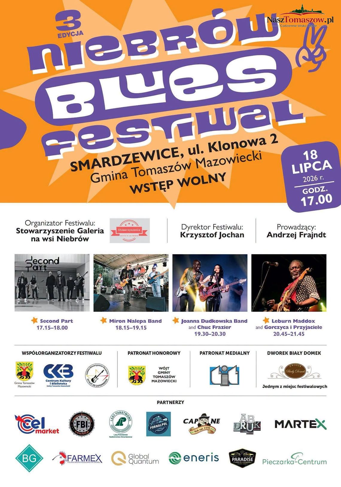 3. edycja Niebrów Blues Festival Plakat 3. edycji Niebórów Blues Festival w Smardzewicach z datą 18 lipca 2026 i programem koncertów