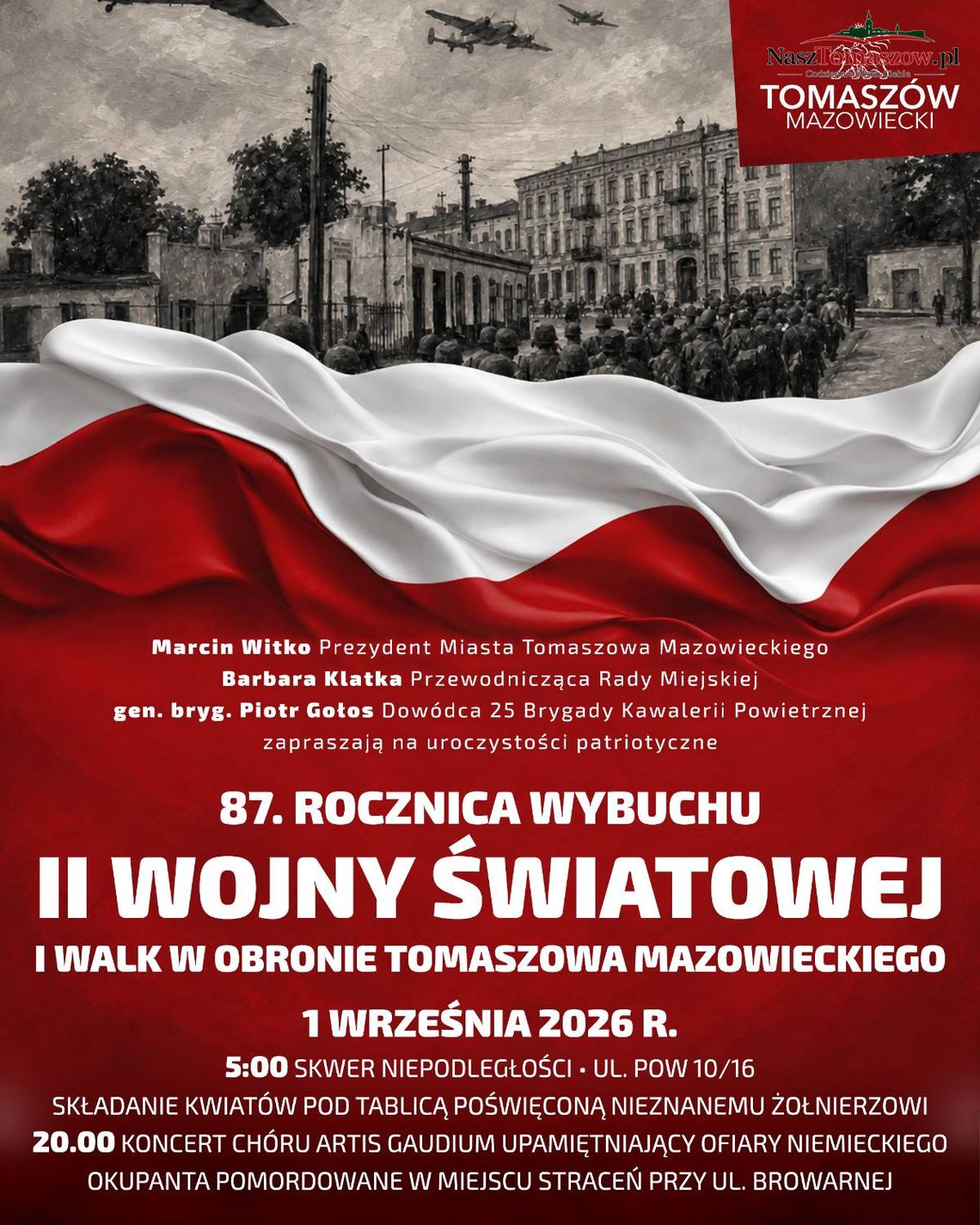 Plakat uroczystości patriotycznych z okazji 87. rocznicy wybuchu II Wojny Światowej w Tomaszowie Mazowieckim