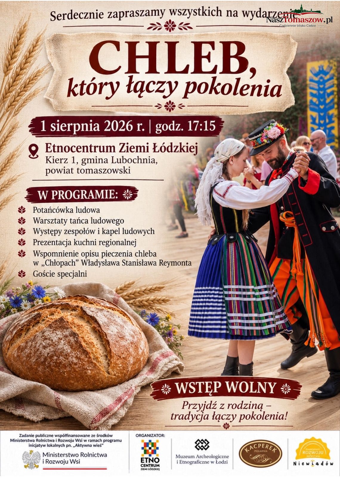 Plakat wydarzenia Chleb, który łączy pokolenia z datą 1 sierpnia 2026 w Etnocentrum Ziemi Łódzkiej