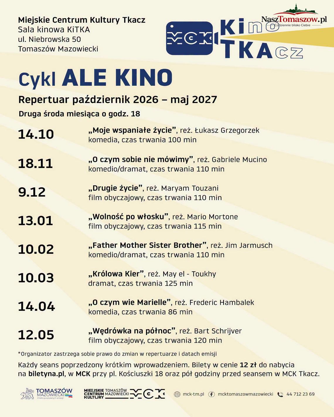 Plakat cyklu ALE KINO z repertuarem od października 2026 do maja 2027 w Kinie KiTKA w Tomaszowie Mazowieckim