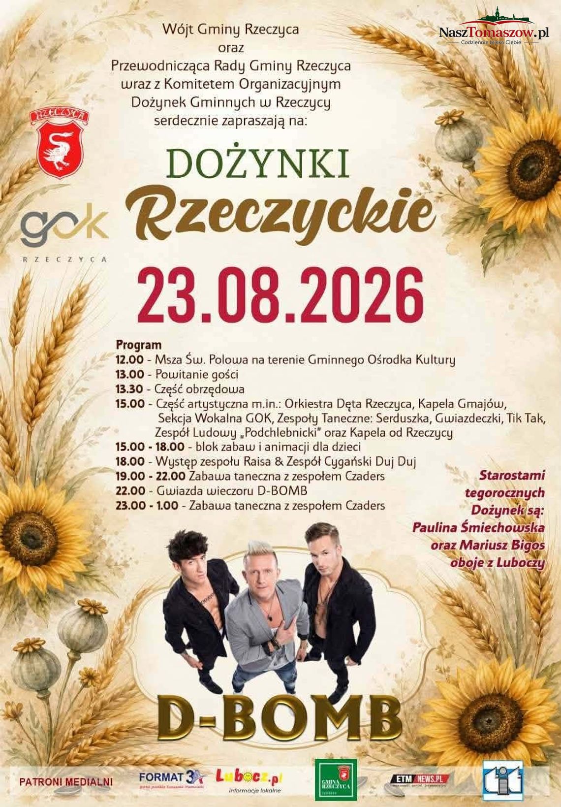 Plakat wydarzenia Dożynki Rzeczyckie z datą 23.08.2026 i programem imprezy