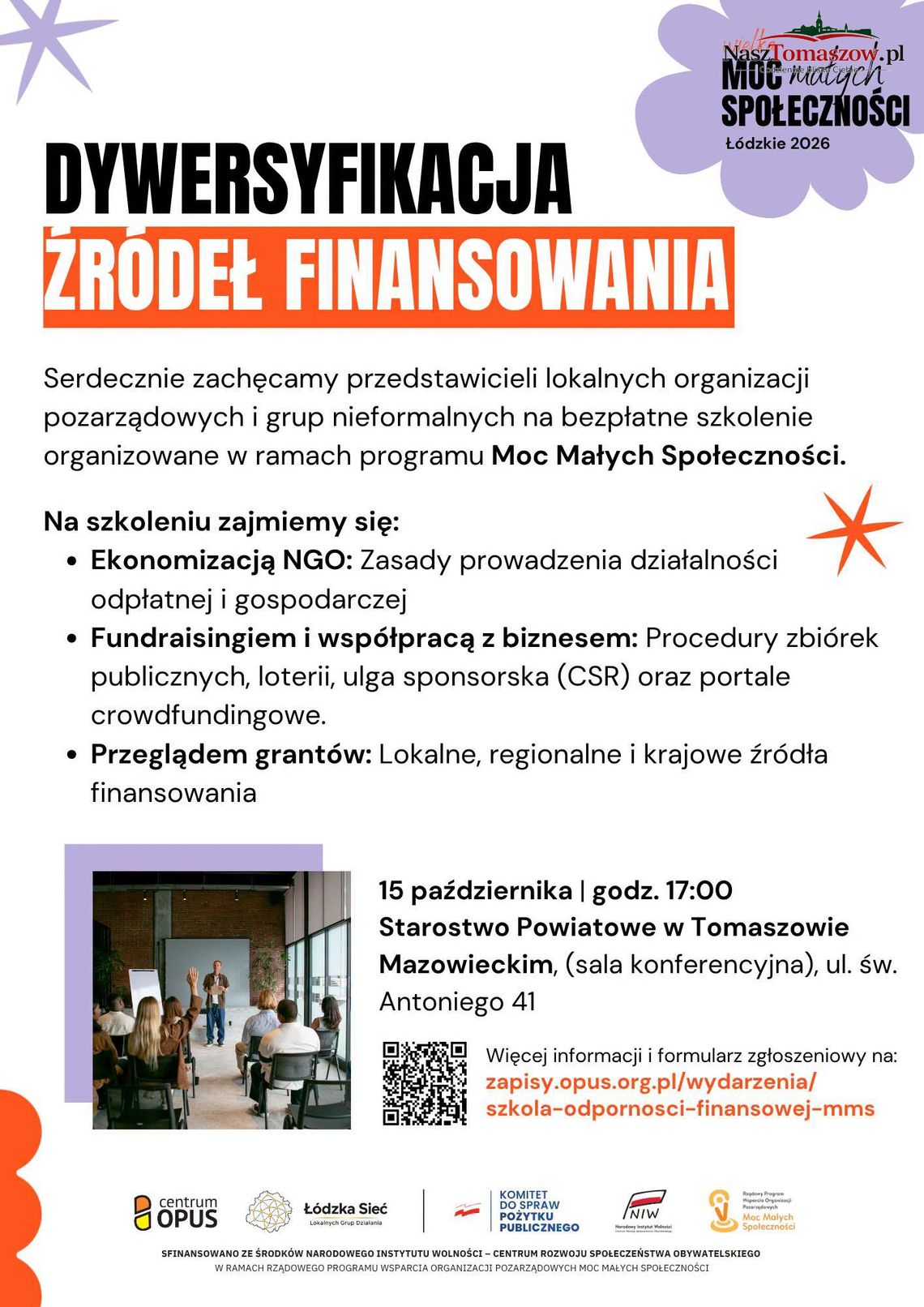 Plakat szkolenia Dywersyfikacja źródeł finansowania dla organizacji pozarządowych w Tomaszowie Mazowieckim