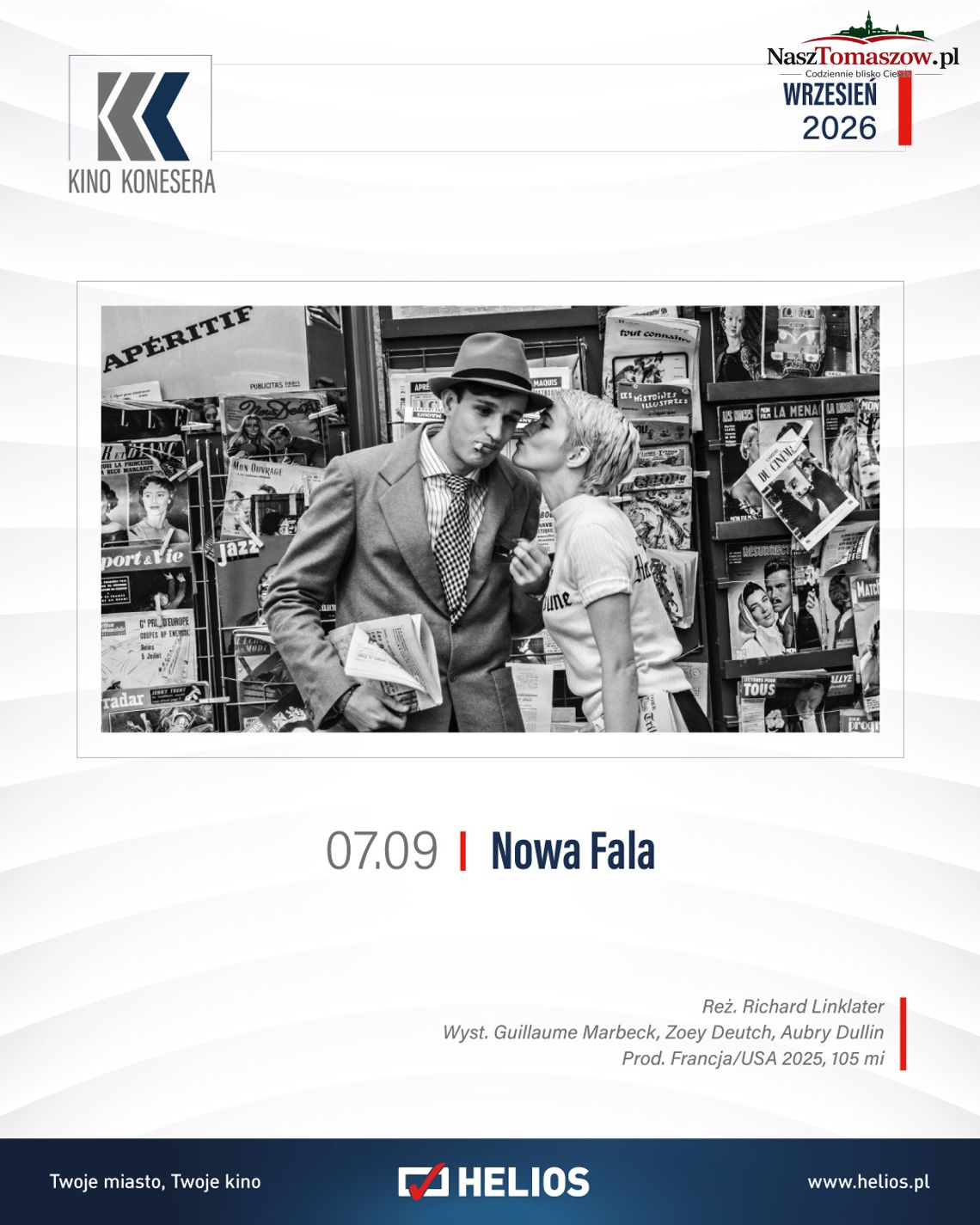 Plakat cyklu Kino Konesera zapowiadający film Nowa Fala na 7 września 2026