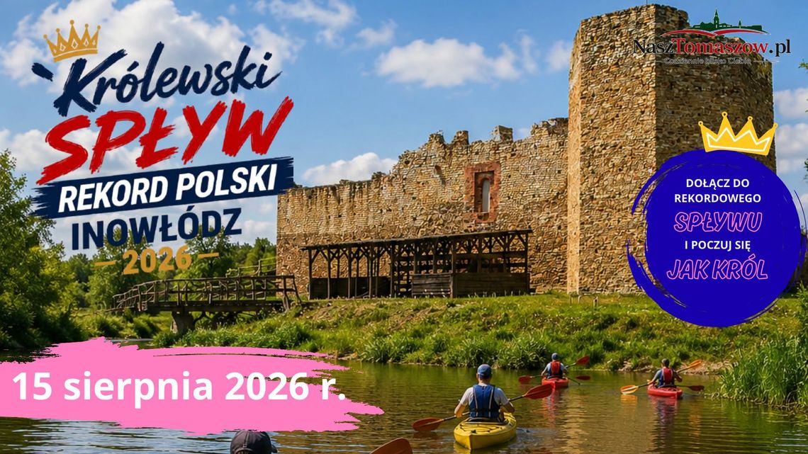 Zrzut ekranu strony wydarzenia Królewski Spływ Kajakowy Rekord Polski Inowłódz 2026 z datą, adresem i mapą lokalizacji.