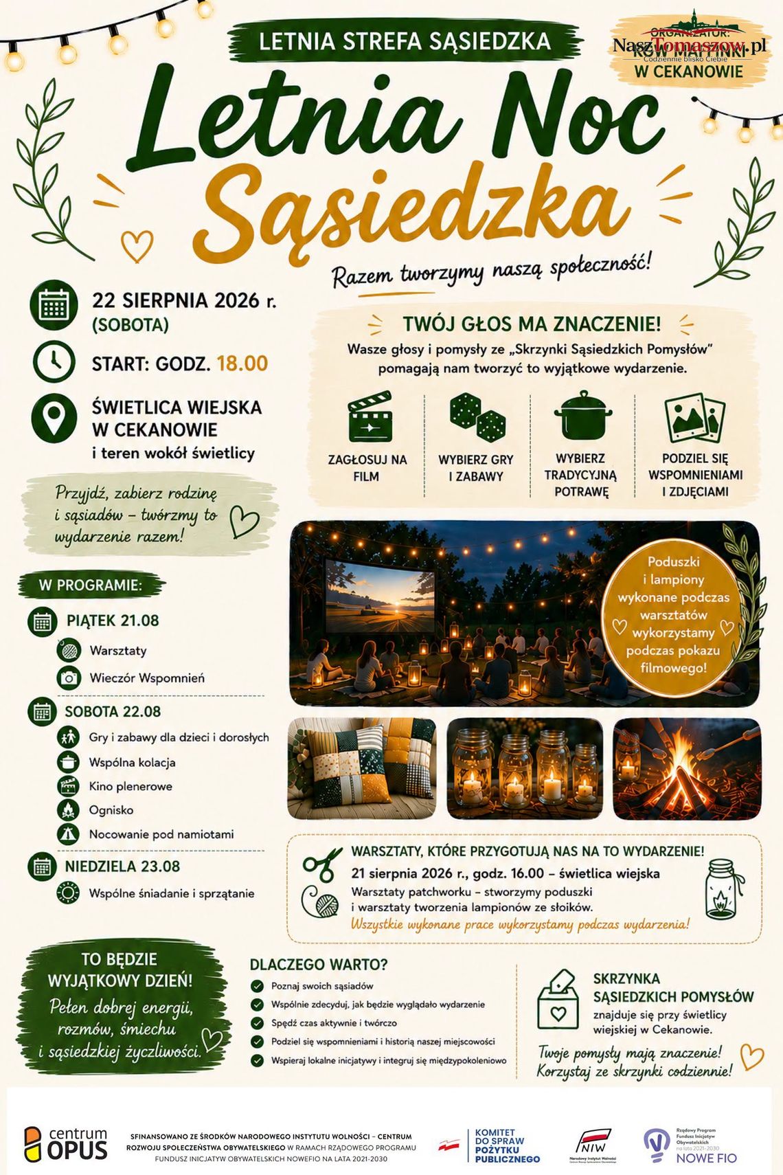 Plakat wydarzenia Letnia Noc Sąsiedzka w Cekanowie z programem i informacjami o atrakcjach