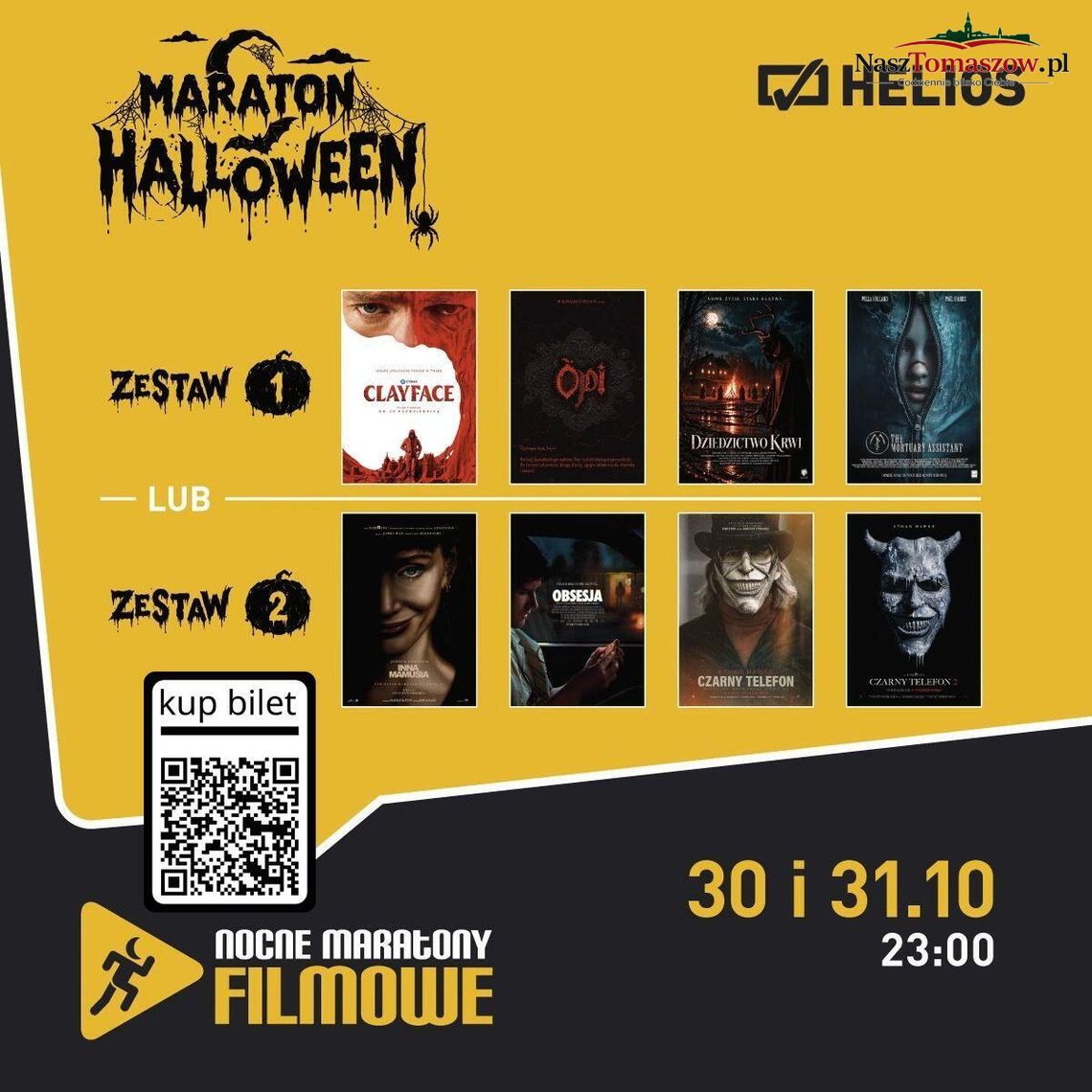 Plakat Maratonu Halloween w kinie Helios z dwoma zestawami horrorów i datą 30 i 31 października, godz. 23:00
