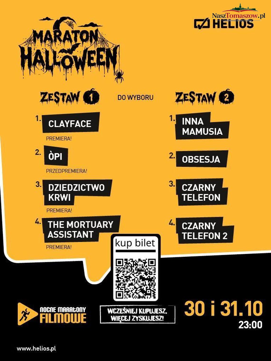 Plakat wydarzenia Maraton Halloween w kinie Helios z listą filmów w dwóch zestawach i datą 30 i 31.10 o 23:00.