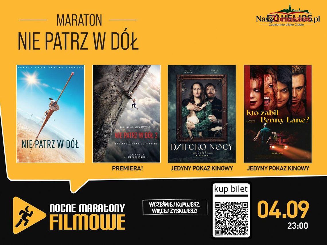 Plakat maratonu filmowego Helios Nie Patrz w Dół z repertuarem czterech filmów i datą 04.09 o 23:00