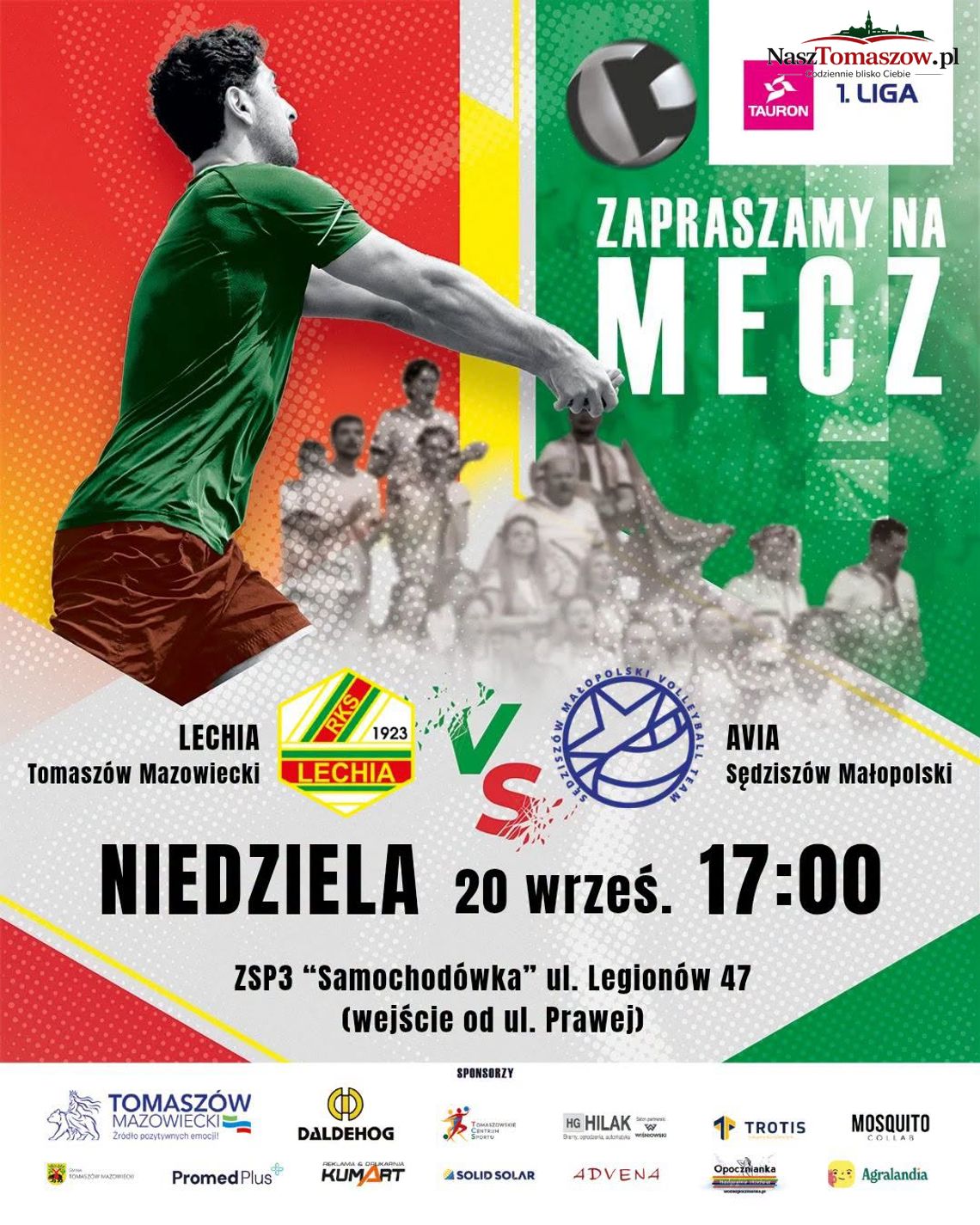 Plakat zapraszający na mecz siatkówki Lechia Tomaszów Mazowiecki kontra Avia Sędziszów Małopolski