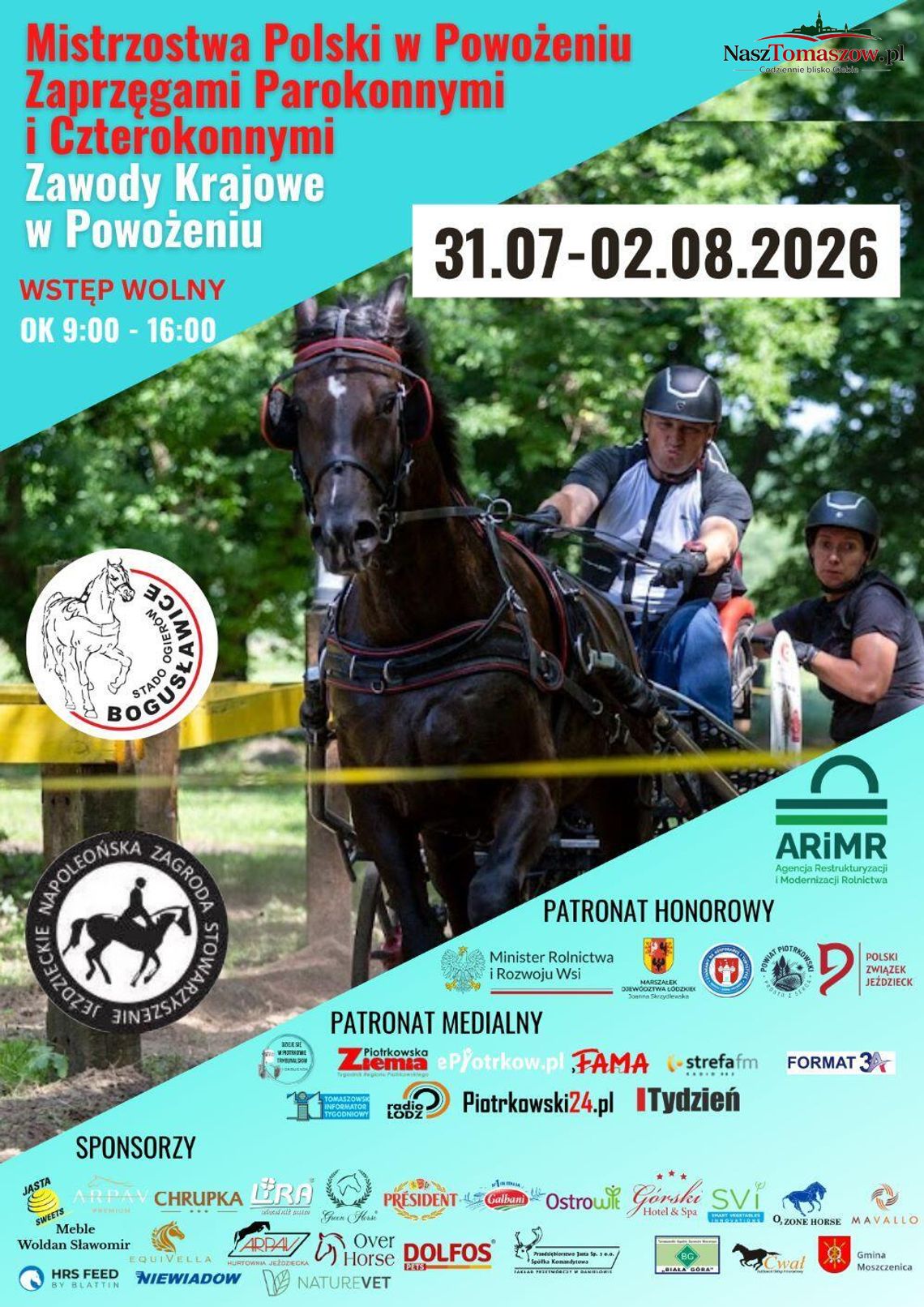 Plakat zawodów w powożeniu z fotografią konia w zaprzęgu i zawodników