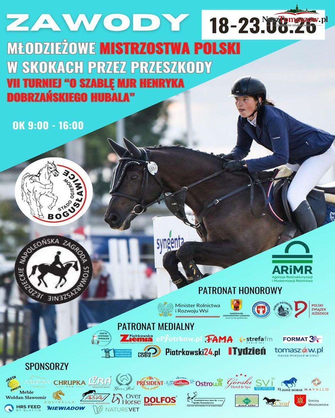 Młodzieżowe Mistrzostwa Polski w Skokach przez Przeszkody Plakat zawodów jeździeckich z amazonką na koniu podczas skoku przez przeszkodę