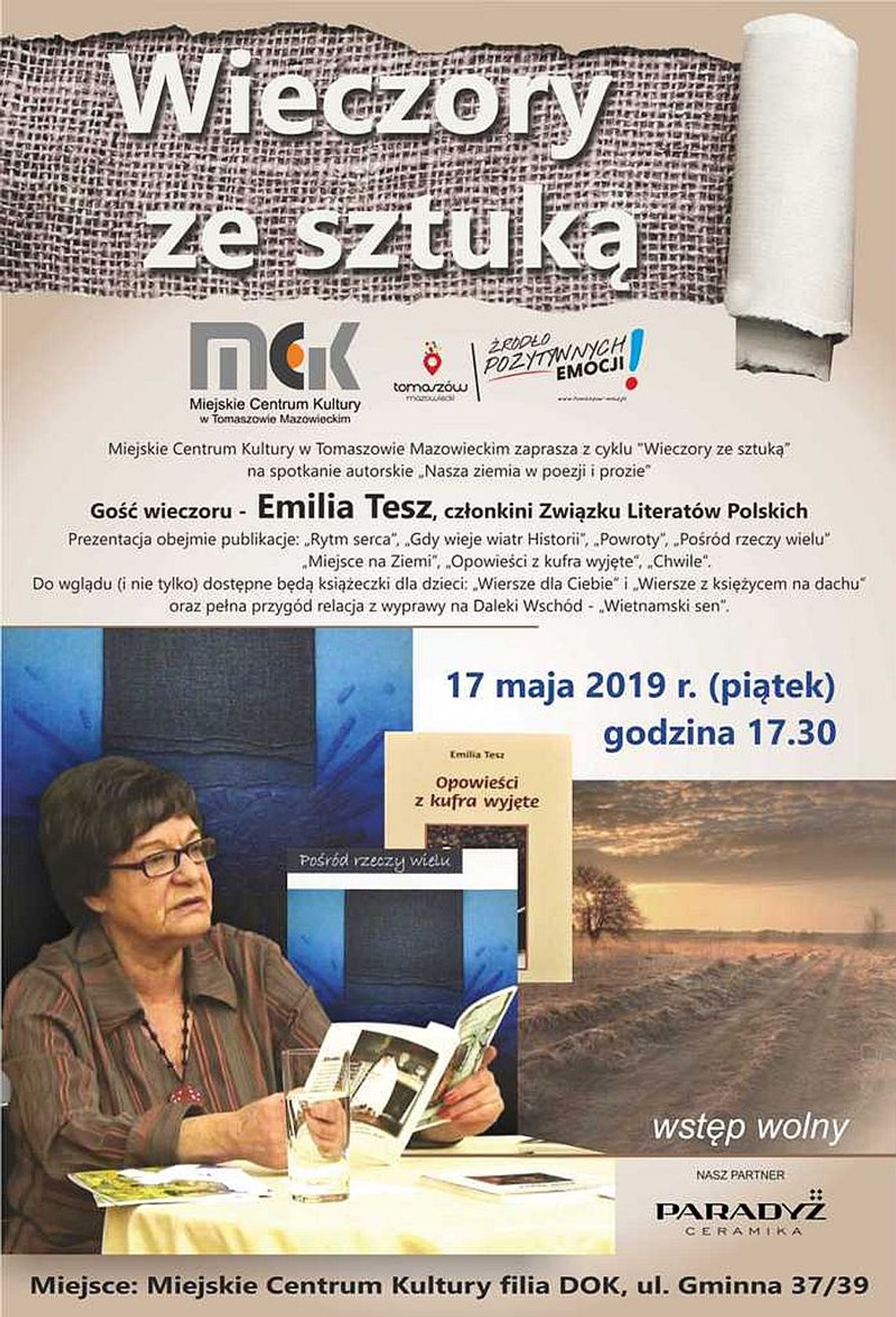 „Nasza ziemia w poezji i prozie” - spotkanie autorskie z cyklu „Wieczory ze sztuką”  - gość wieczoru - Emilia Tesz, członkini Związku Literatów Polskich	