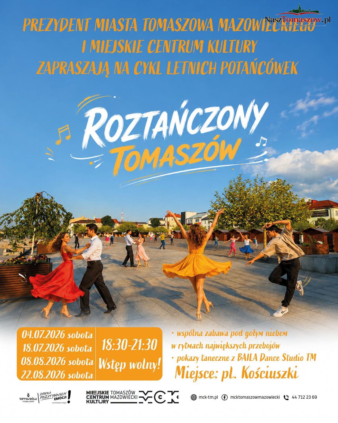 Roztańczony Tomaszów Plakat wydarzenia Roztańczony Tomaszów z informacją o letnich potańcówkach na placu Kościuszki
