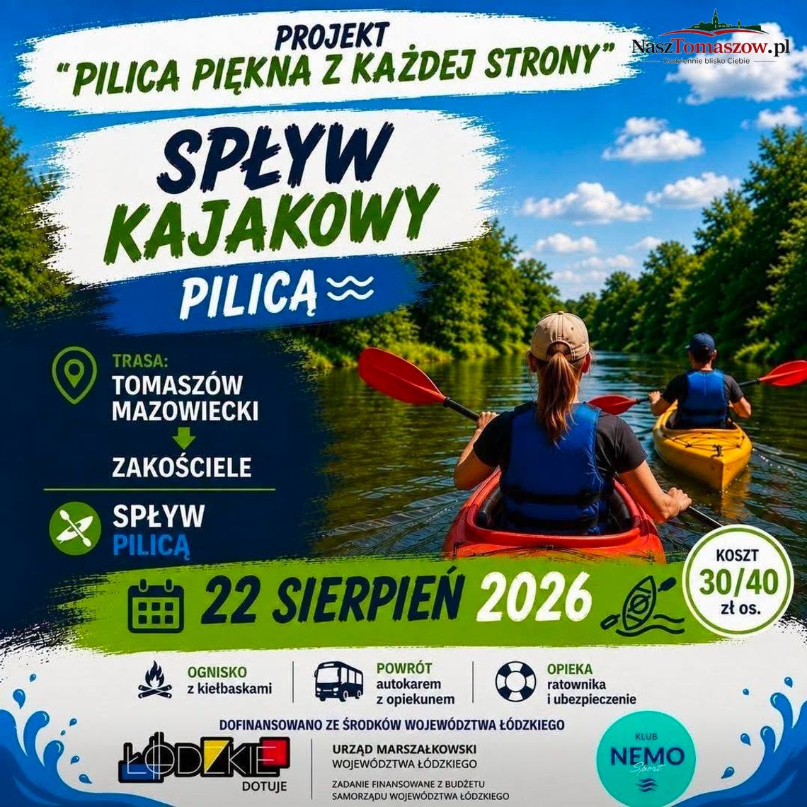 Plakat wydarzenia Spływ Kajakowy Pilicą z trasą Tomaszów Mazowiecki – Zakościele i datą 22 sierpnia 2026