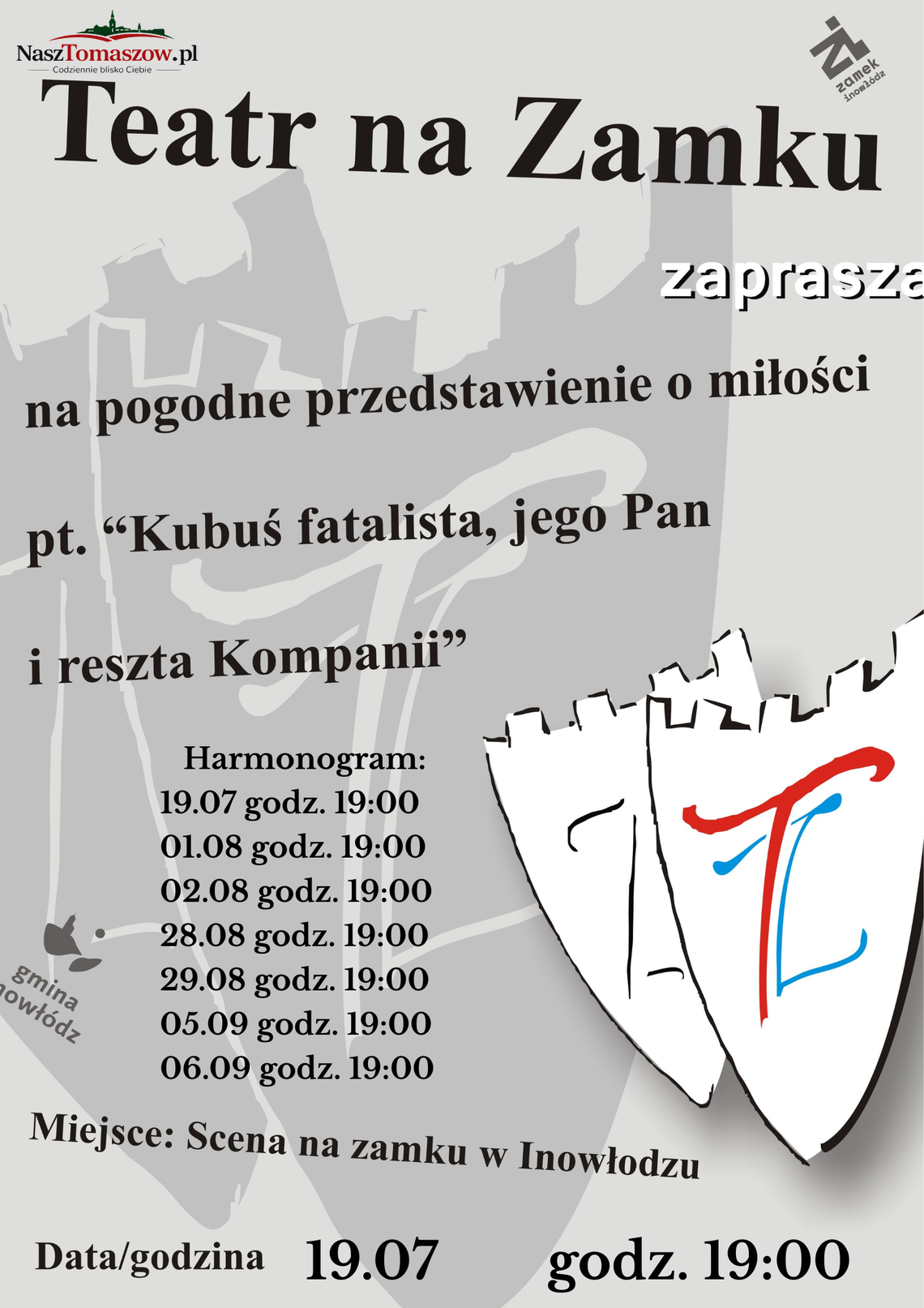 Teatr na Zamku – „Kubuś fatalista, jego Pan i reszta Kompanii” Plakat wydarzenia Teatr na Zamku z informacją o spektaklu Kubuś fatalista, jego Pan i reszta Kompanii w Inowłodzu