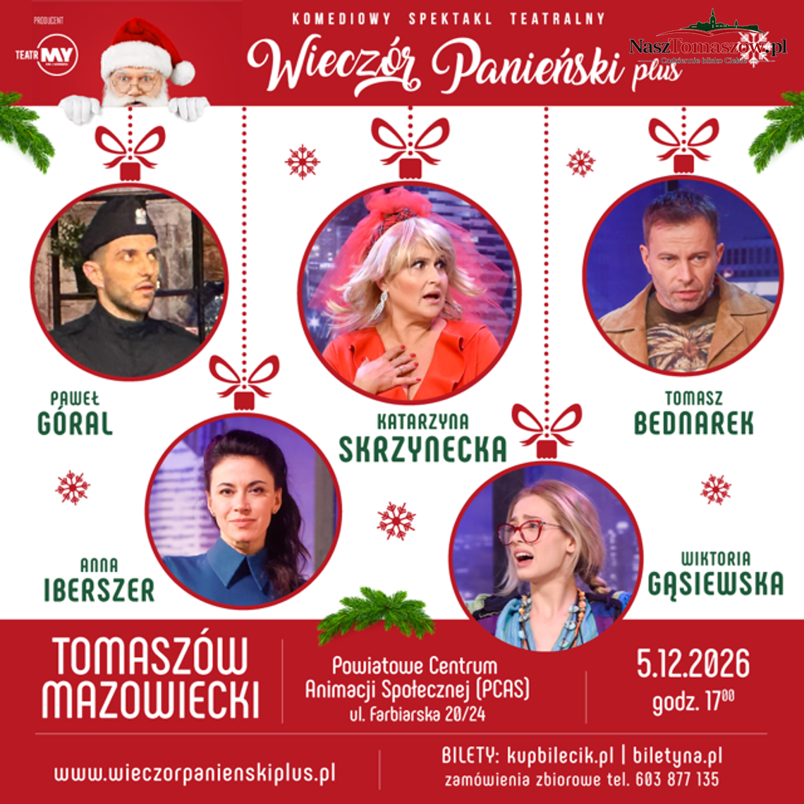 Plakat spektaklu teatralnego Wieczór Panieński plus z obsadą i informacjami o terminie w Tomaszowie Mazowieckim